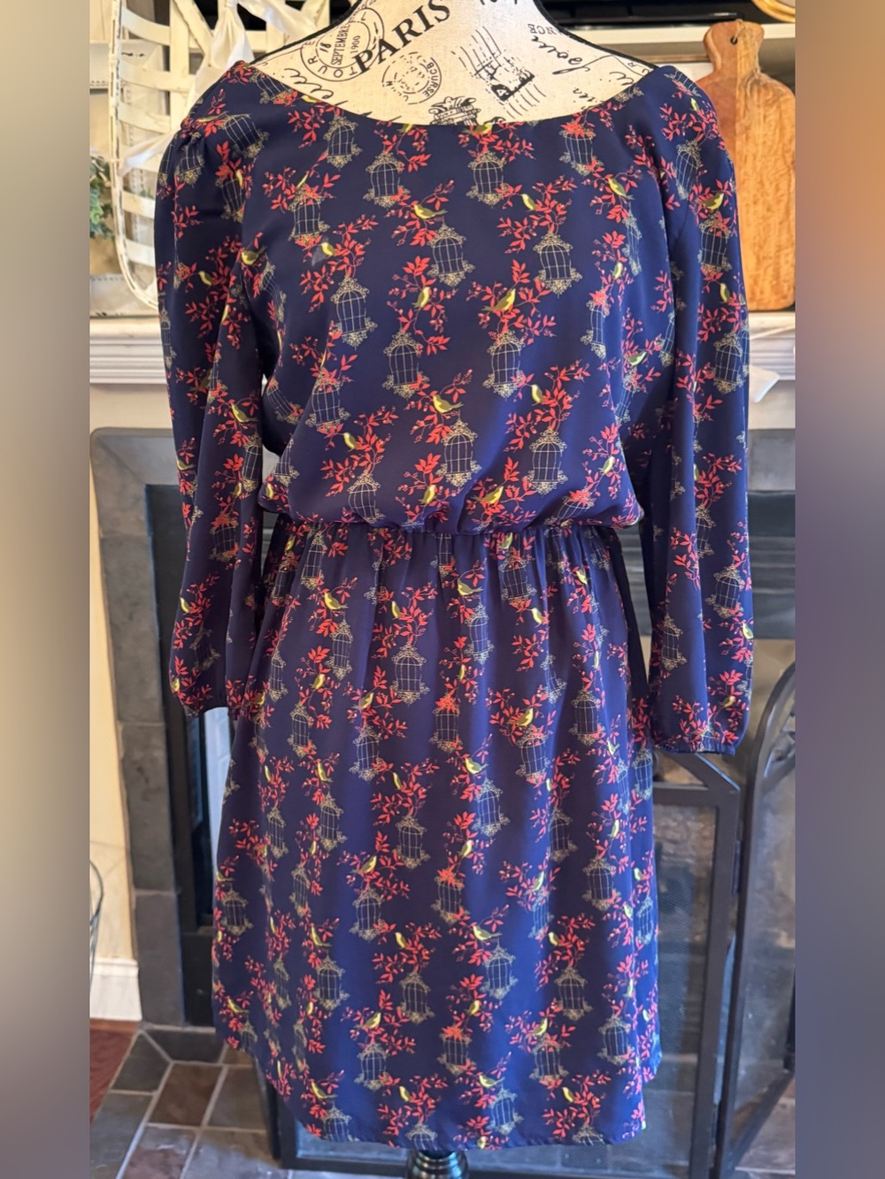 Pink Owl Navy Blue Bird Cage Print Long Sleeve Dress Medium Spring Summer Party